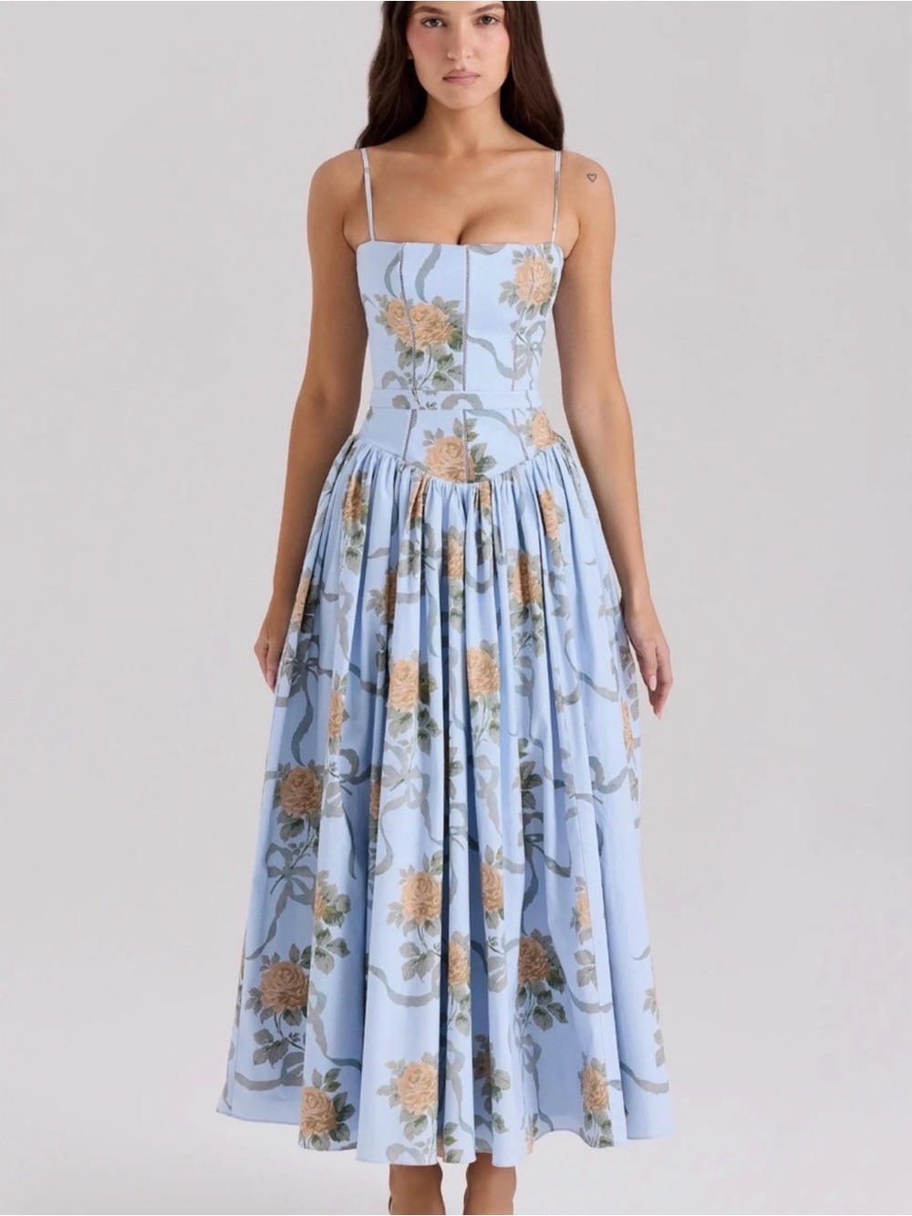 Blue Vintage Rose Print Midi Sundress, XL, Cottagecore